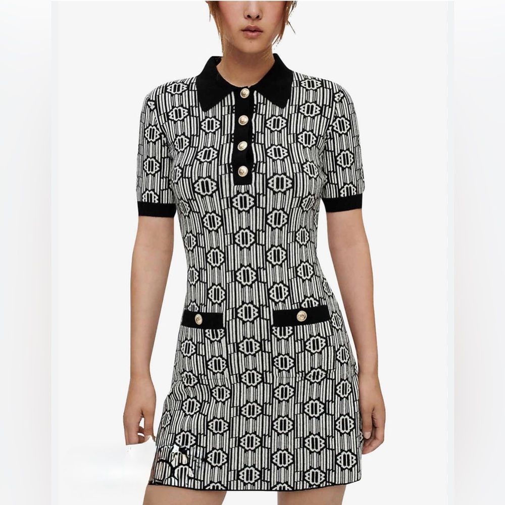 Maje Black & White Geometric Knit Polo Dress